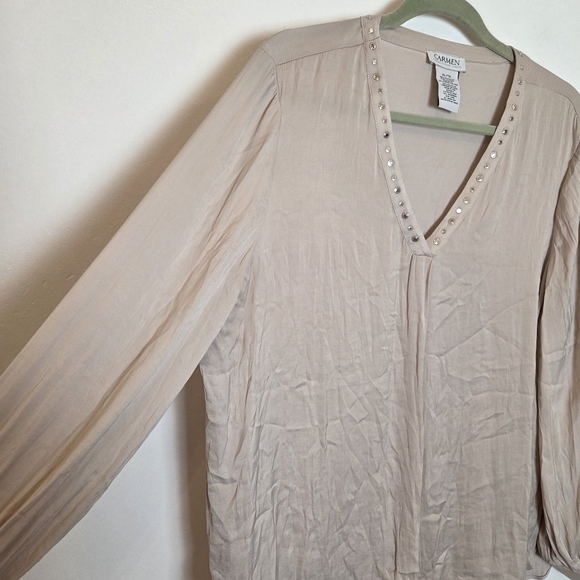 Carmen Marc Valvo Taupe Satin Peasant Blouse Top Slinky Formal Y2K Rhinestone XL - Picture 2 of 7